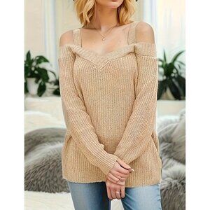 Women Pullover Sweater Khaki Size XL Cold Shoulder Cotton Loose Fit Mid Length